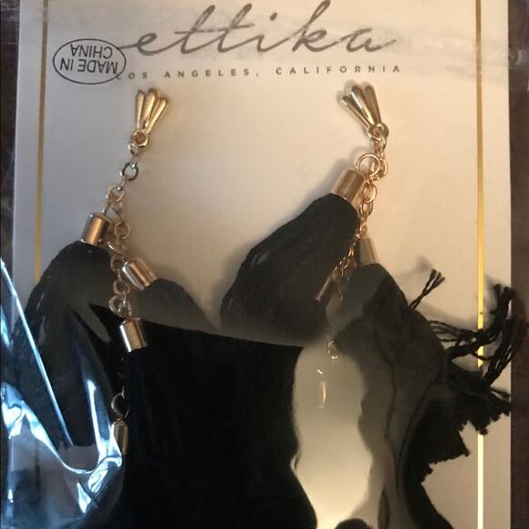 NIP Ethika Los Angeles CA Black Gold Hardware 18K Plated Tassel Earrings - Picture 2 of 3
